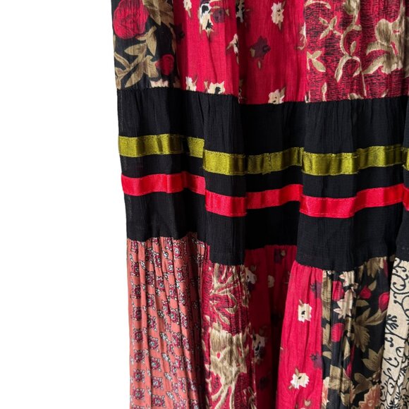 Sacred Threads Patchwork Ribbon Maxi Skirt One Size Elastic Waist Tie Lined Boho - Picture 7 of 16